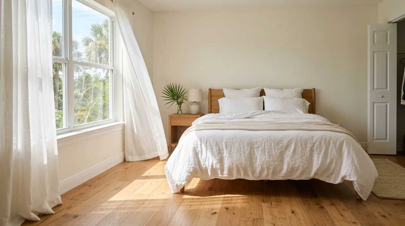A bright, airy Florida bedroom with sheer curtains and morning light